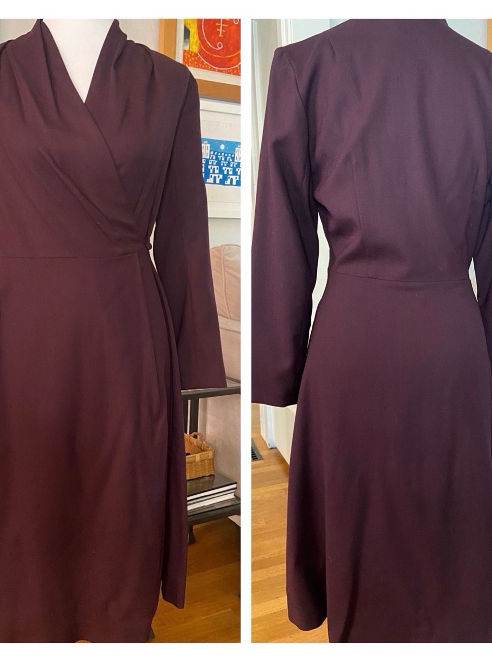 NWT The Fold Wool Long Sleeve Wrap Midi Dress - Deep Plum - UK14/US10
